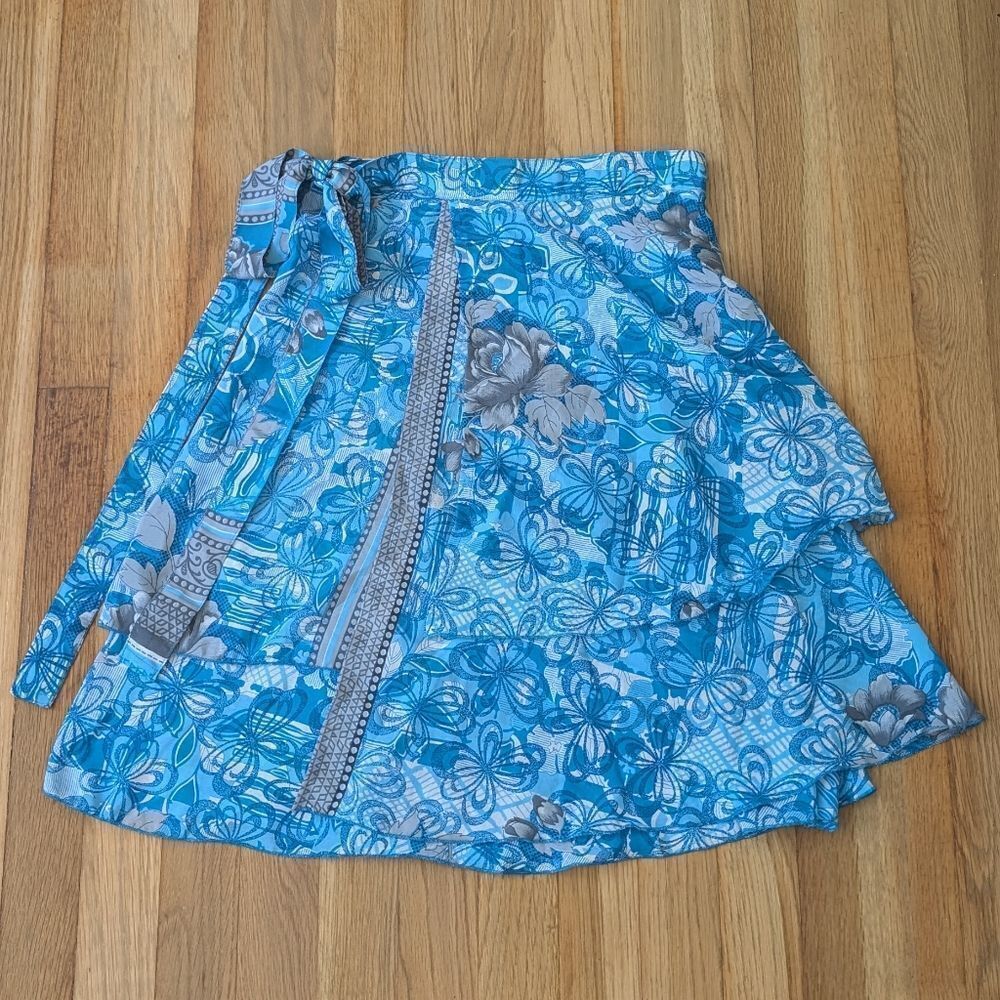 Blue grey floral wrap skirt silk blend